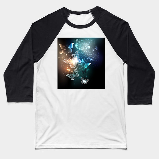 Bright Night Butterflies on Black Background Baseball T-Shirt by Blackmoon9